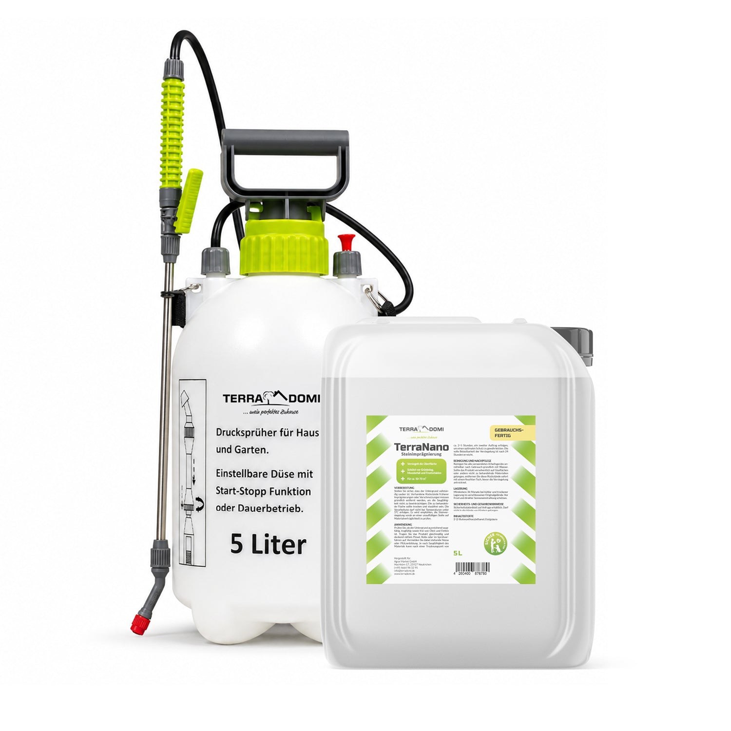 TerraNano Steinimprägnierung 5 Liter mit Drucksprüher für Terrassenplatten, Naturstein, Pflaster und Fassaden