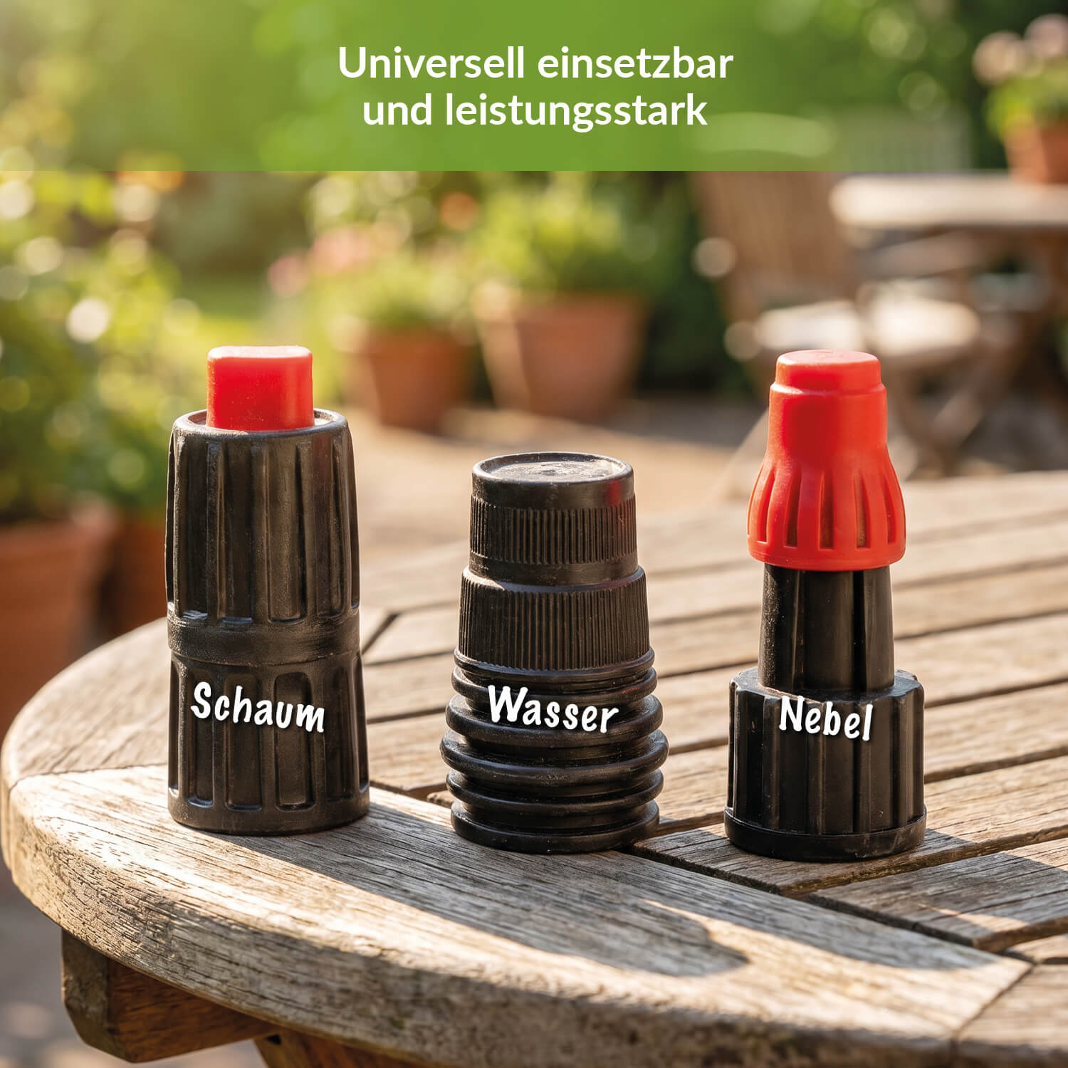 Drei wechselbare Sprühaufsätze für den TerraDomi Schaumsprüher: Schaum, Wasserstrahl und Nebelsprühfunktion.