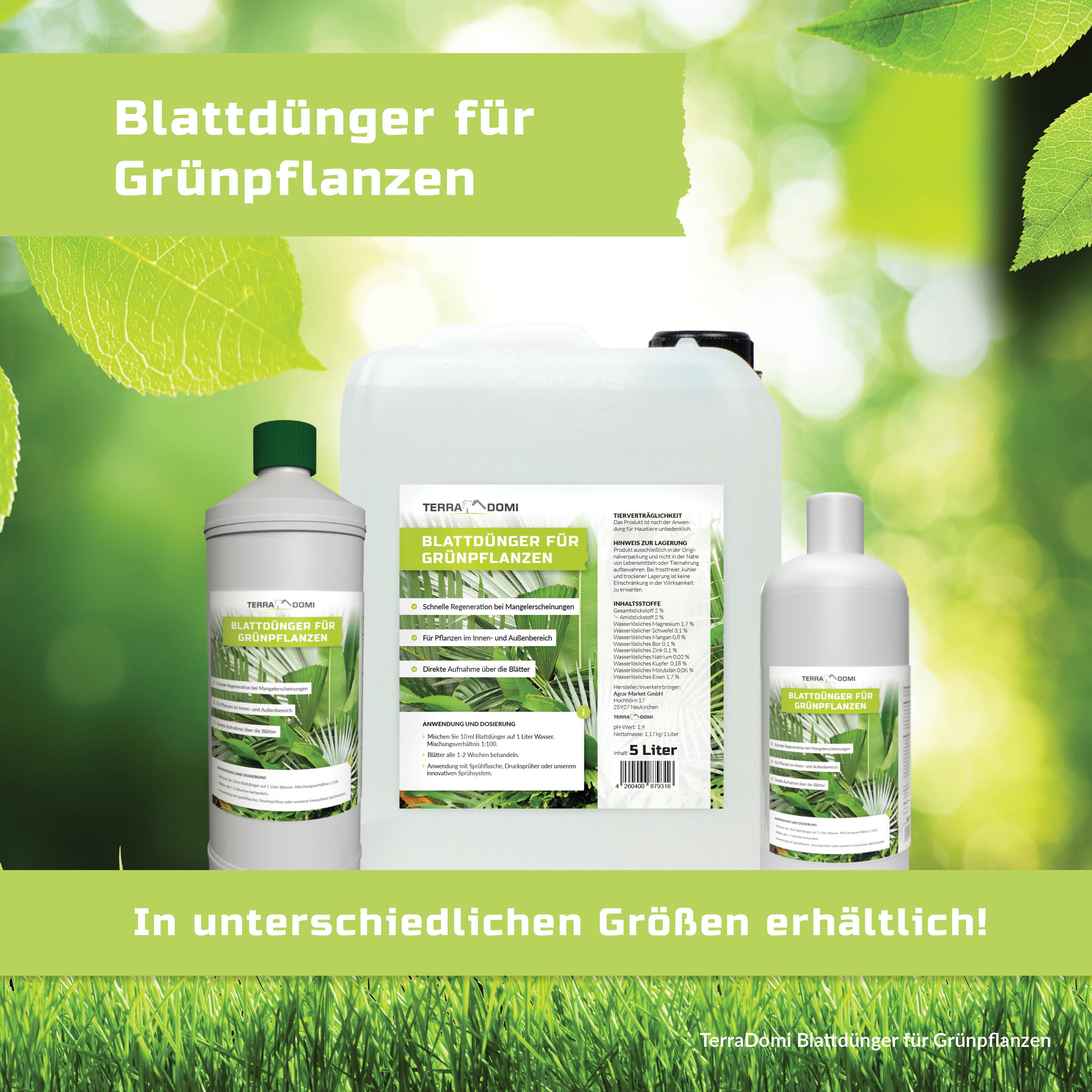 TerraDomi Blattdünger für Grünpflanzen | Für Palmen, Kakteen und andere Pflanzen