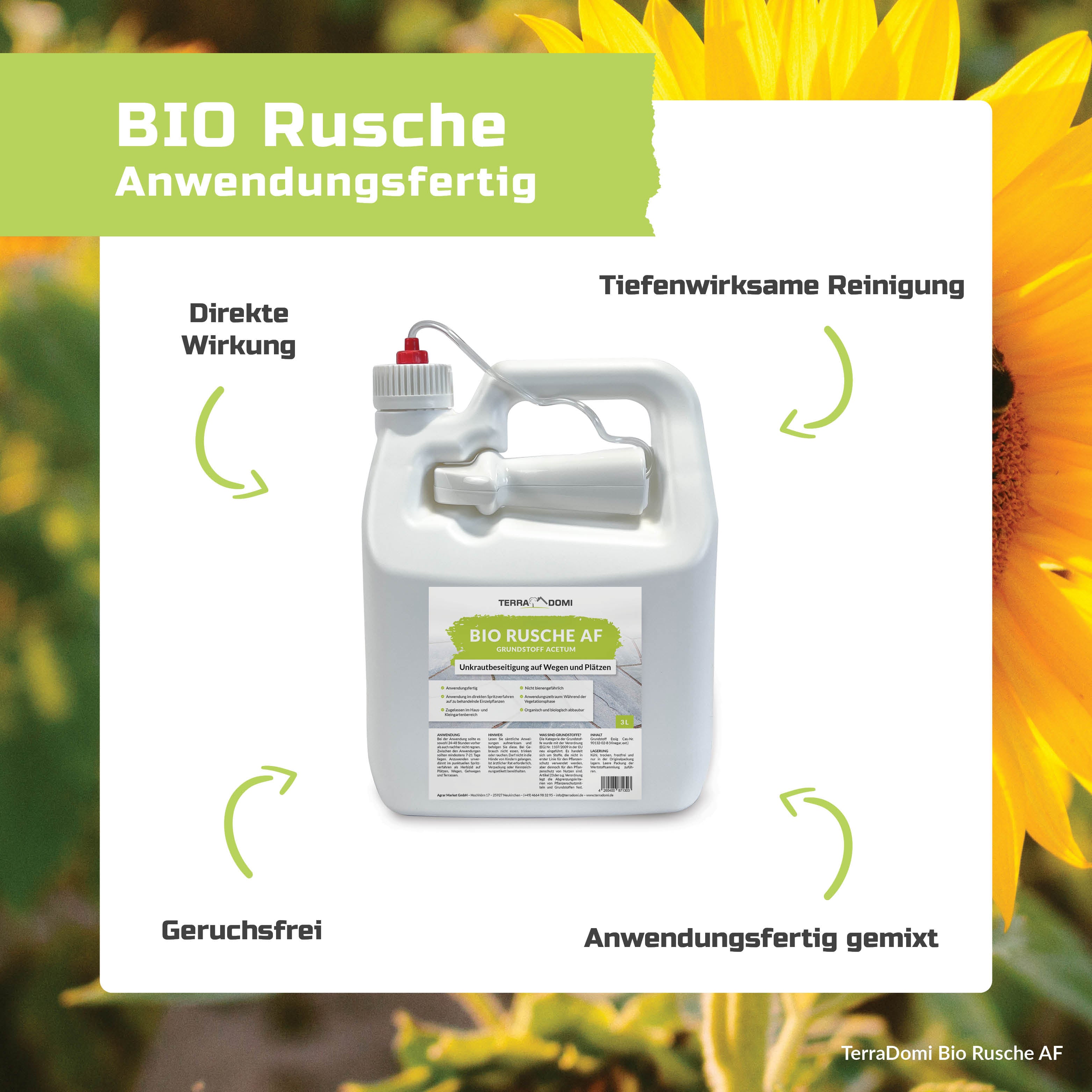 TerraDomi Bio Rusche AF 3 Liter Grundstoff Acetum | Unkrautbeseitigung auf natürlichem Weg