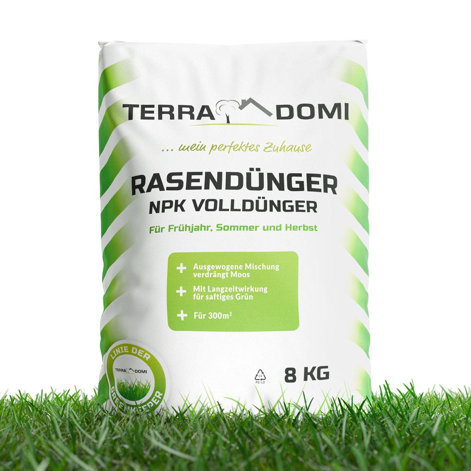 8-kg-Sack TerraDomi Rasendünger NPK Volldünger für Frühjahr, Sommer und Herbst – ausgewogene Mischung verdrängt Moos, mit Langzeitwirkung für sattgrünen Rasen, ausreichend für 300 m².