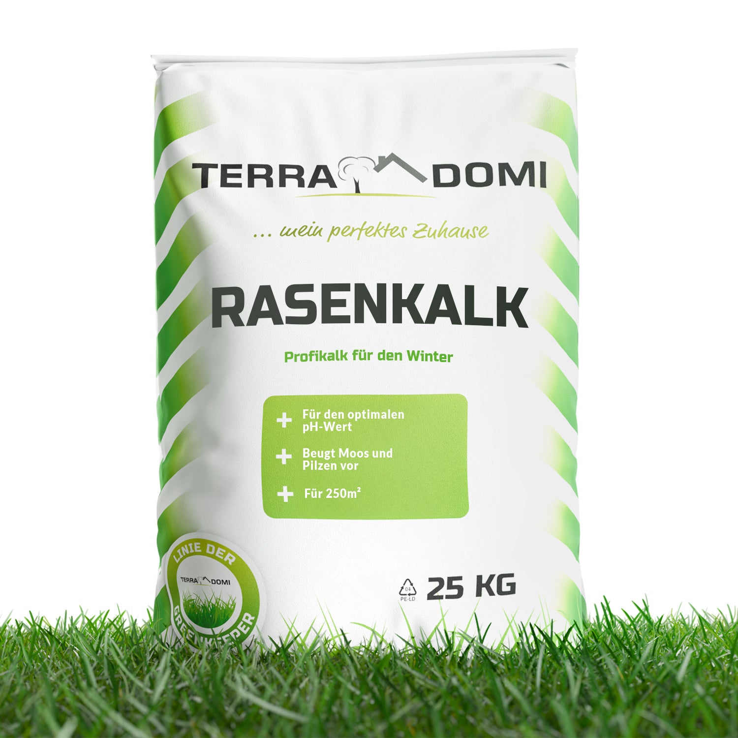 TerraDomi Rasenkalk 25 kg – hochwertiger Winter-Profi-Kalk zur Rasenpflege, optimaler pH-Wert, beugt Moos und Pilzen vor, für gesunden Rasen im Winter. Für 250m².