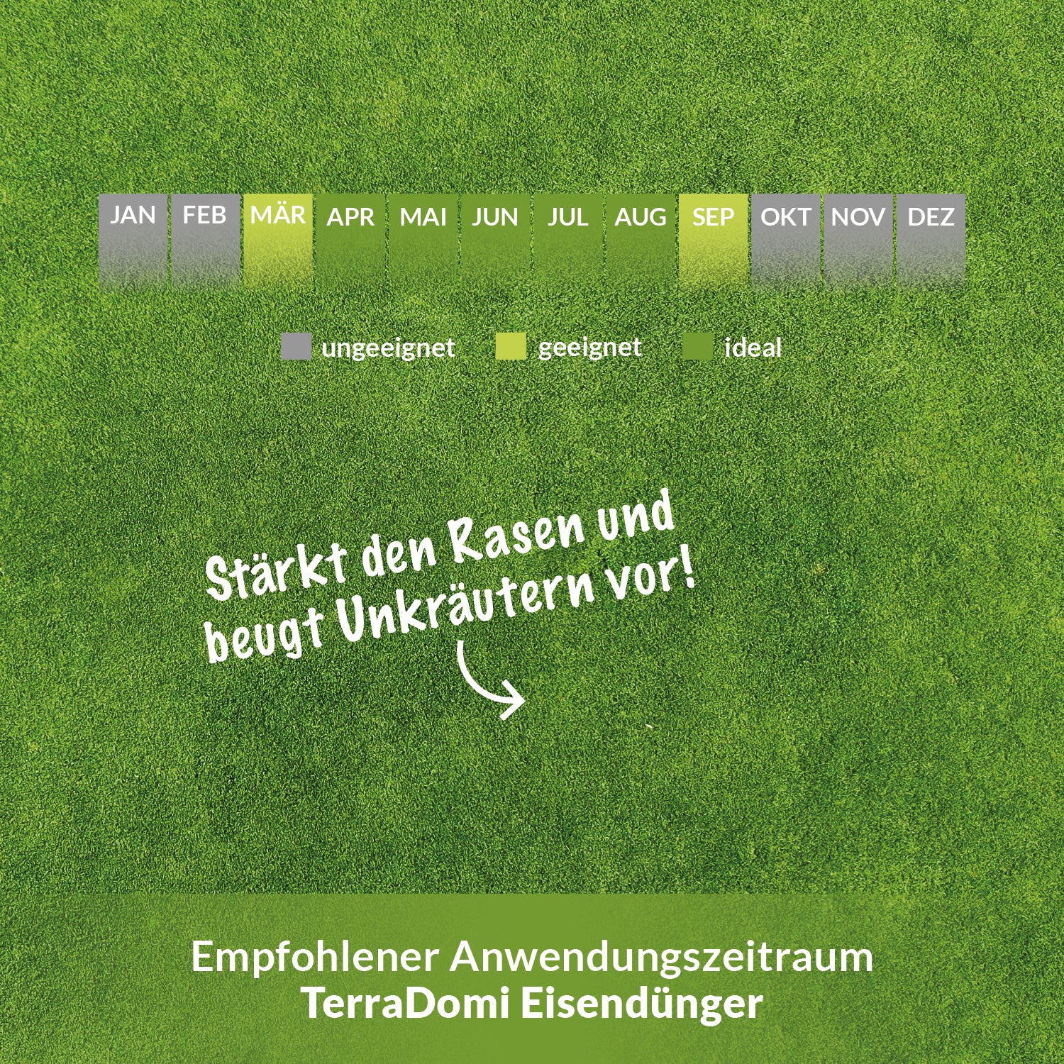 Infografik mit empfohlener Anwendungszeit für TerraDomi Eisendünger: Geeignet von März bis September, ideal von April bis August, ungeeignet von Oktober bis Februar. Text: Stärkt den Rasen und beugt Unkräutern vor.