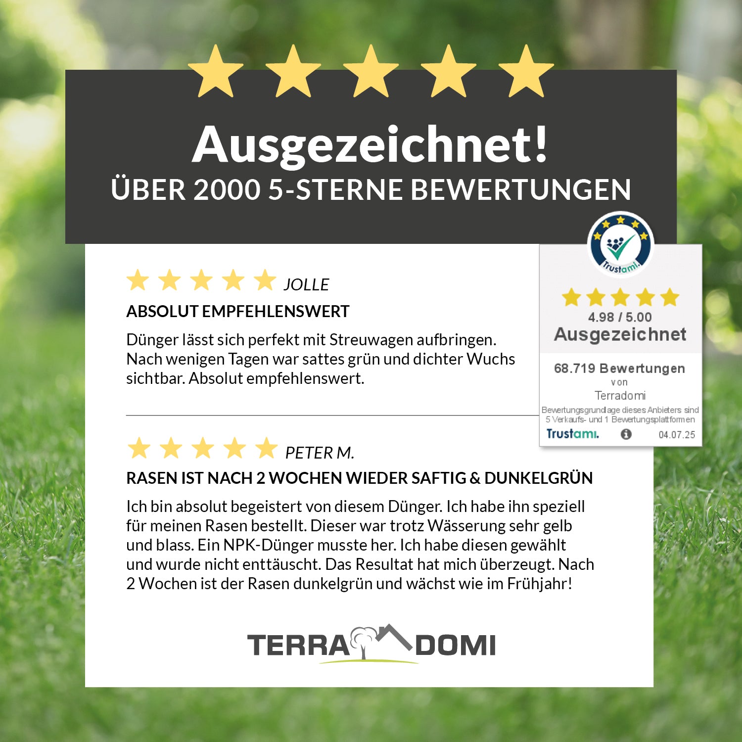 Grafik mit 5 Sternen und über 2000 positiven Bewertungen für TerraDomi NPK-Rasendünger. Zwei Kunden loben einfache Anwendung und sattgrünen Rasen. Trustami-Bewertung: 4,98 von 5 Sternen bei 68.719 Bewertungen.