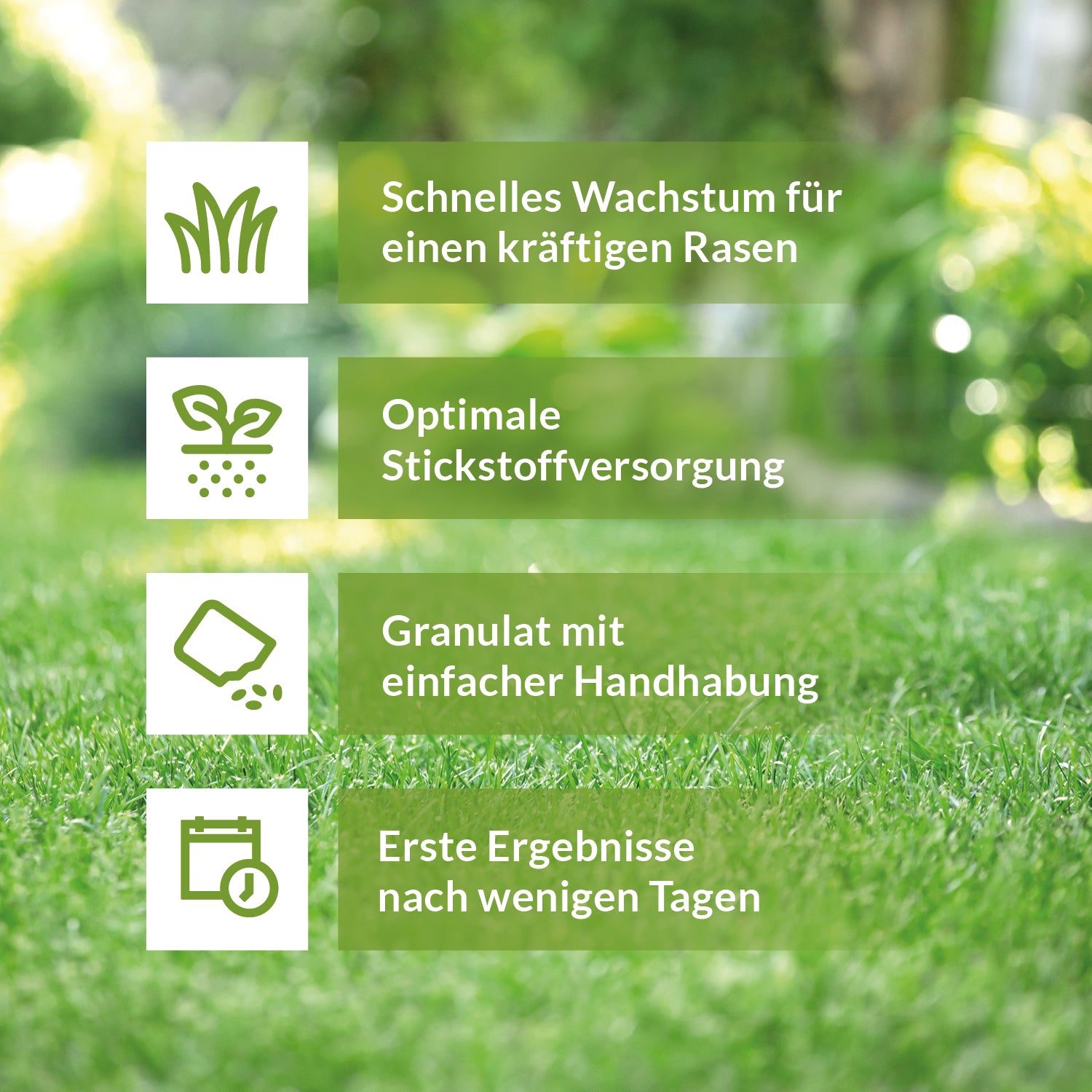 Infografik mit Vorteilen von TerraDomi Stickstoffdünger: Schnelles Wachstum für kräftigen Rasen, optimale Stickstoffversorgung, einfach handhabbares Granulat, erste Ergebnisse nach wenigen Tagen.