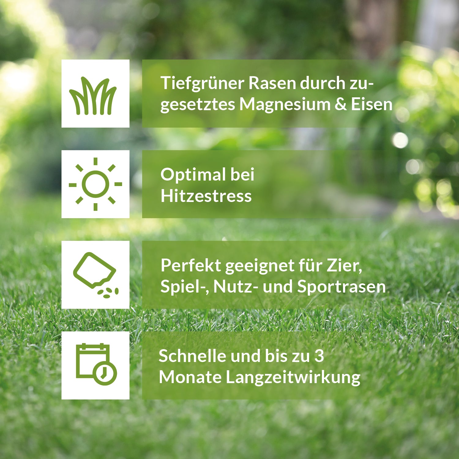 Grafische Darstellung mit Icons – tiefgrüner Rasen durch Magnesium & Eisen, optimal bei Hitzestress, geeignet für alle Rasenarten, Langzeitwirkung bis 3 Monate.