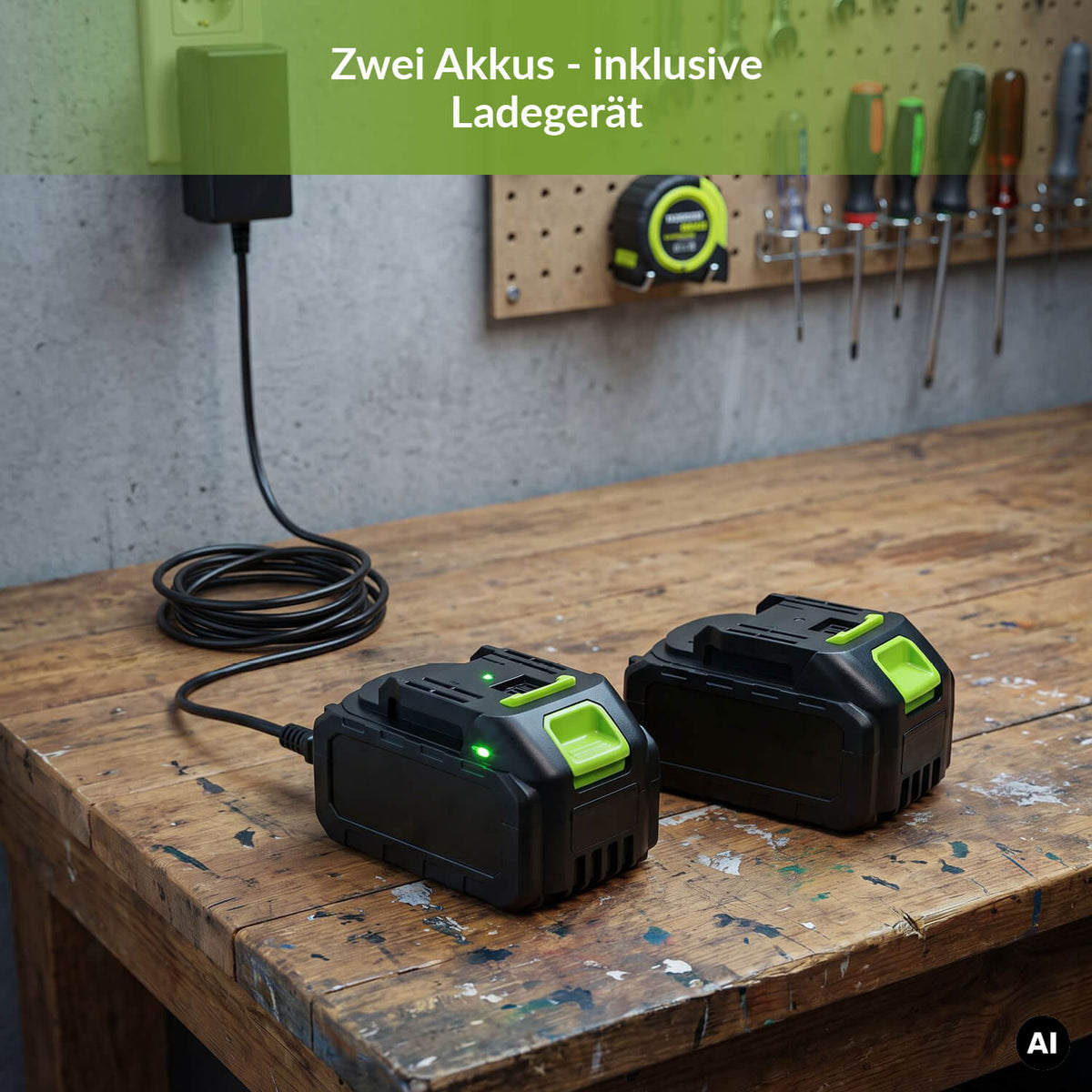 Zwei Akkus des TerraDomi-Hochdruckreinigers beim Laden mit dem mitgelieferten Ladegerät.