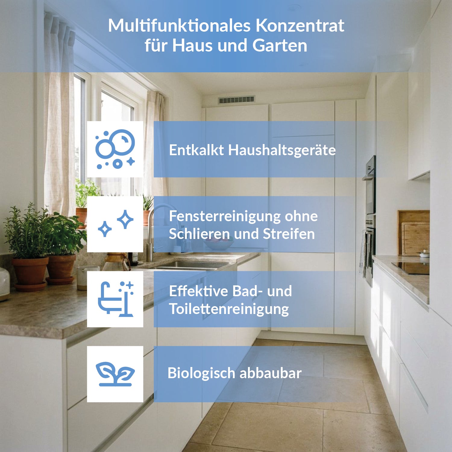 Anwendungsübersicht der TerraDomi Essigsäure zur Entkalkung von Haushaltsgeräten sowie zur Reinigung von Fenstern, Bad und Toilette.