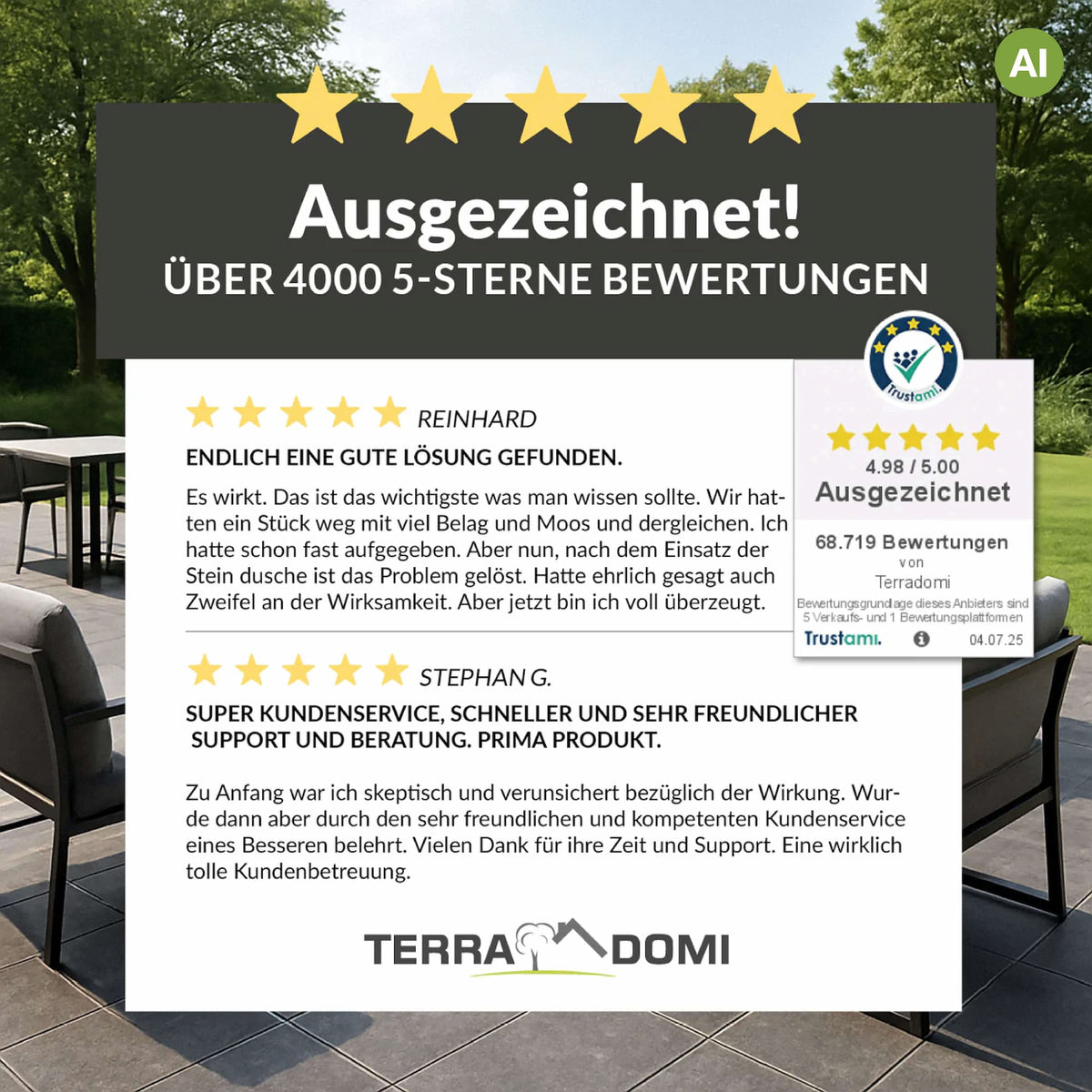 Kundenbewertungen zu TerraDomi Neemöl mit fünf Sternen und Trustami-Auszeichnung.