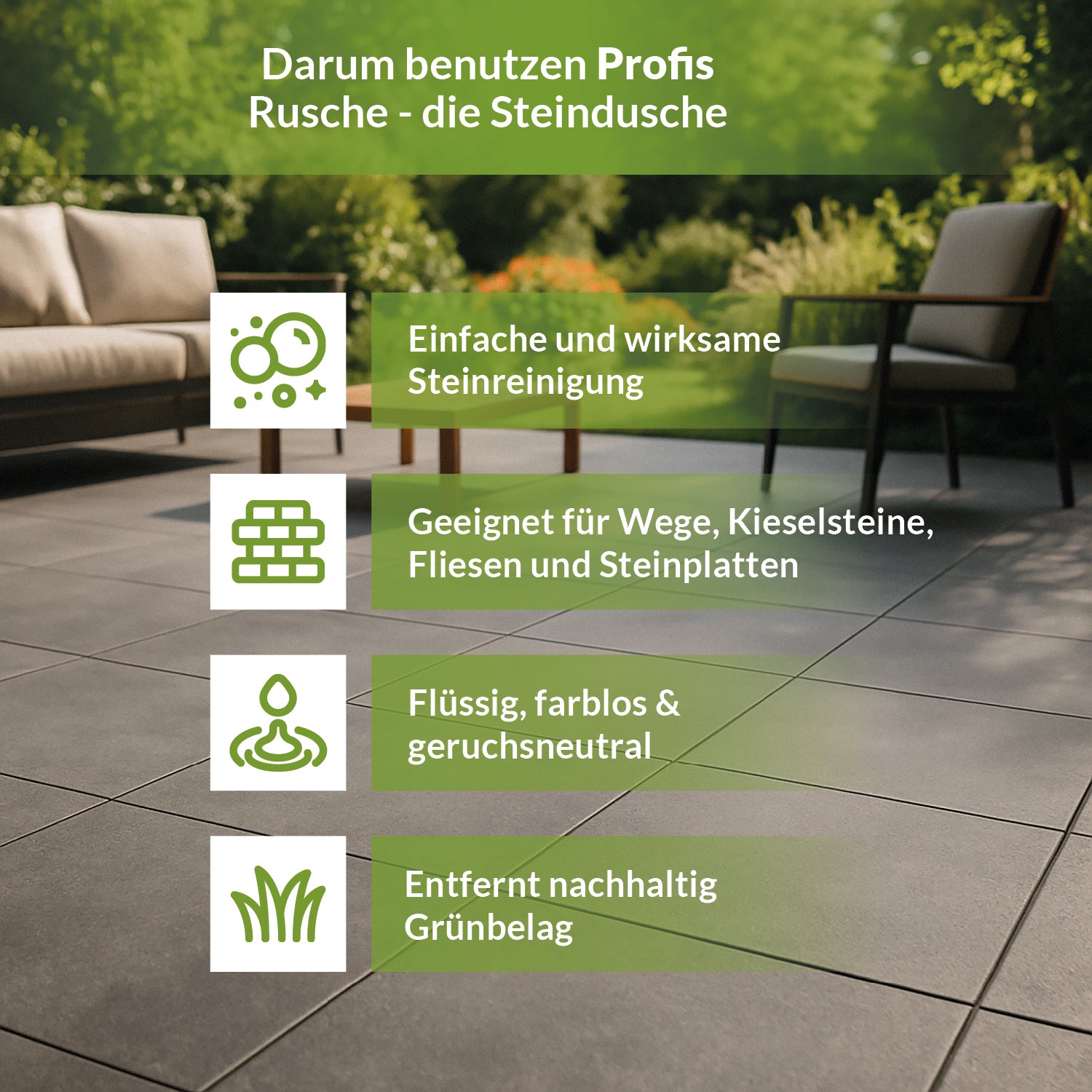 Informationsgrafik zum Steinreiniger TerraDomi Rusche mit Vorteilen wie wirksame Steinreinigung, vielseitige Anwendung und nachhaltige Entfernung von Grünbelag.