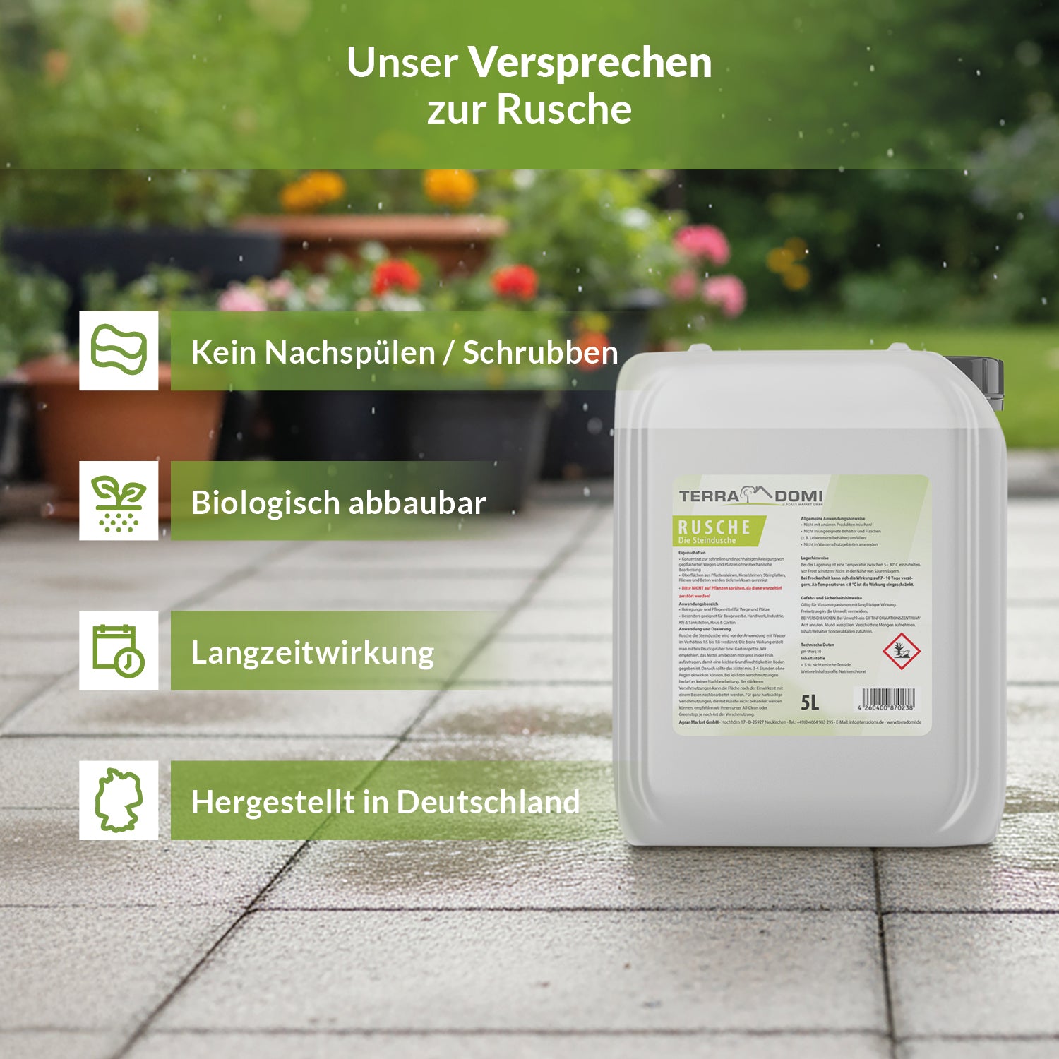 Produktdarstellung des Steinreinigers TerraDomi Rusche mit Vorteilen wie Langzeitwirkung, biologischer Abbaubarkeit und einfacher Anwendung ohne Nachschrubben.