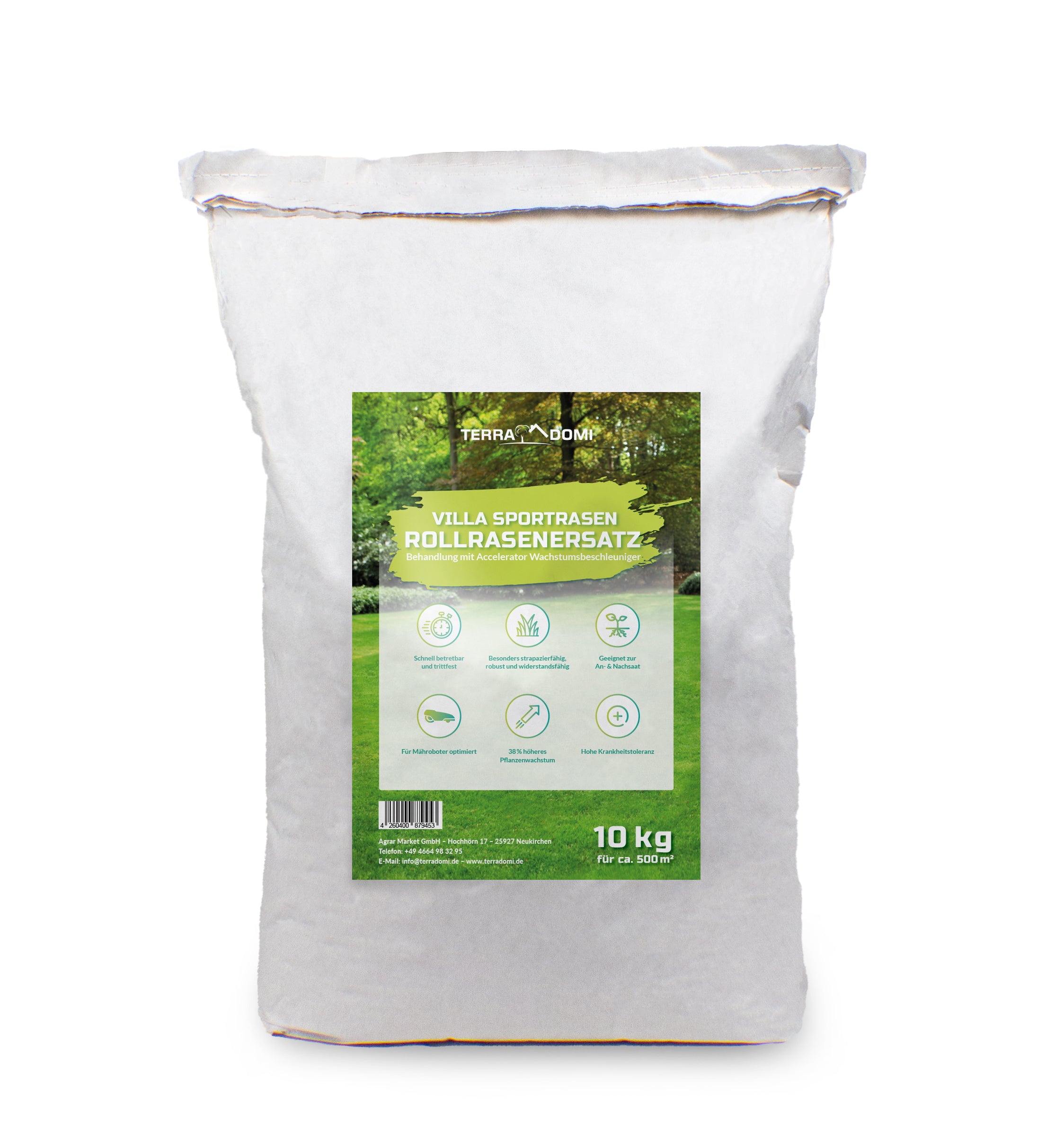 TerraDomi Villa Rasensamen | 38% mehr Pflanzen | Behandlung mit Wachstumsbeschleuniger