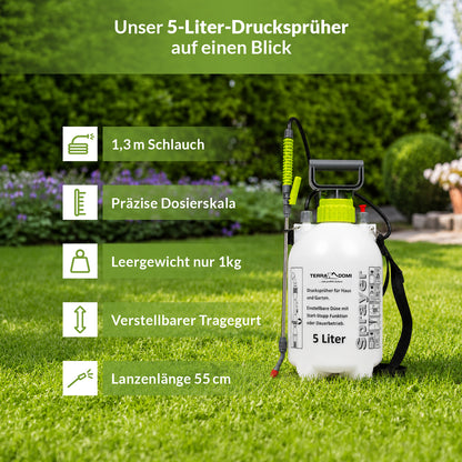 TerraDomi 5-Liter-Drucksprüher mit 1,3 m Schlauch, Dosierskala, Tragegurt und 55 cm Sprühlanze.