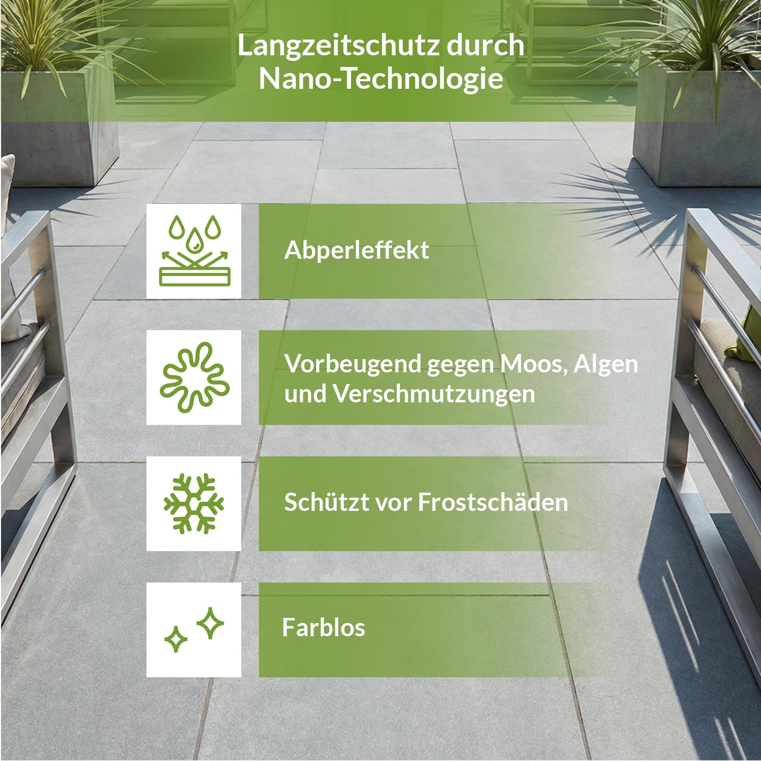 Vorteile der TerraNano Steinimprägnierung mit Abperleffekt, Schutz vor Moos, Algen, Verschmutzungen und Frostschäden