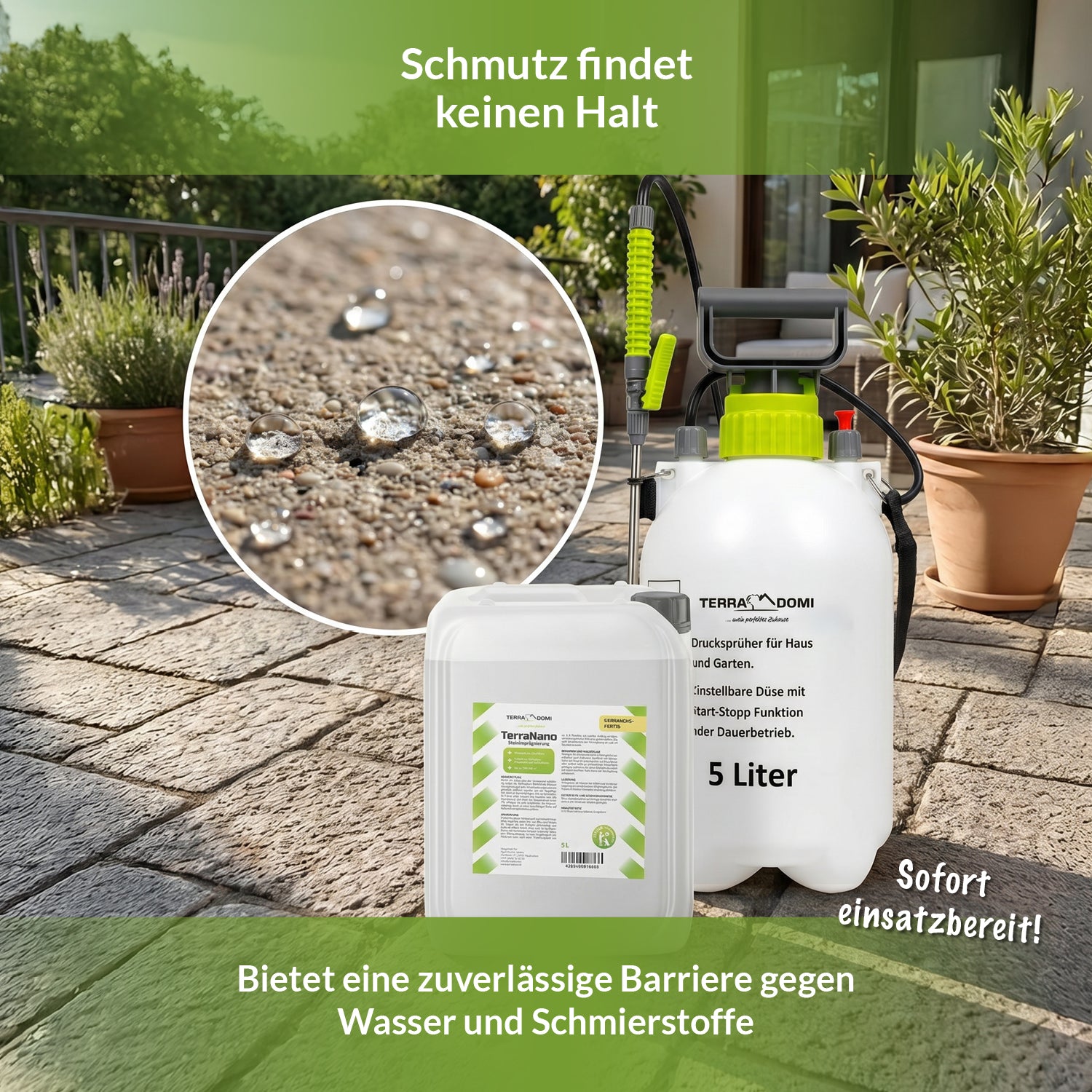 TerraNano Steinimprägnierung mit Drucksprüher schützt Terrassen und Pflaster vor Wasser, Schmutz und Schmierstoffen