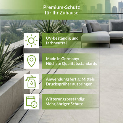 Eigenschaften der TerraNano Steinimprägnierung: UV-beständig, farbneutral, witterungsbeständig und Made in Germany