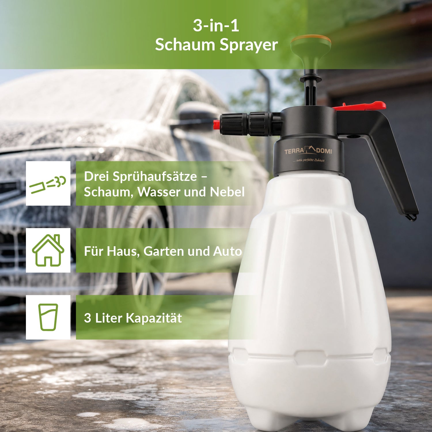 TerraDomi 3-in-1 Schaumsprüher mit drei Sprühaufsätzen für Schaum, Wasser und Nebel ideal für Haus, Garten und Auto.