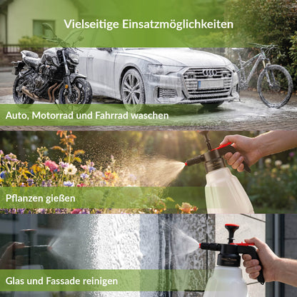 Vielseitige Einsatzmöglichkeiten des TerraDomi Schaumsprühers für Autowäsche, Motorradreinigung, Fahrradpflege, Pflanzenbewässerung und Fassadenreinigung.