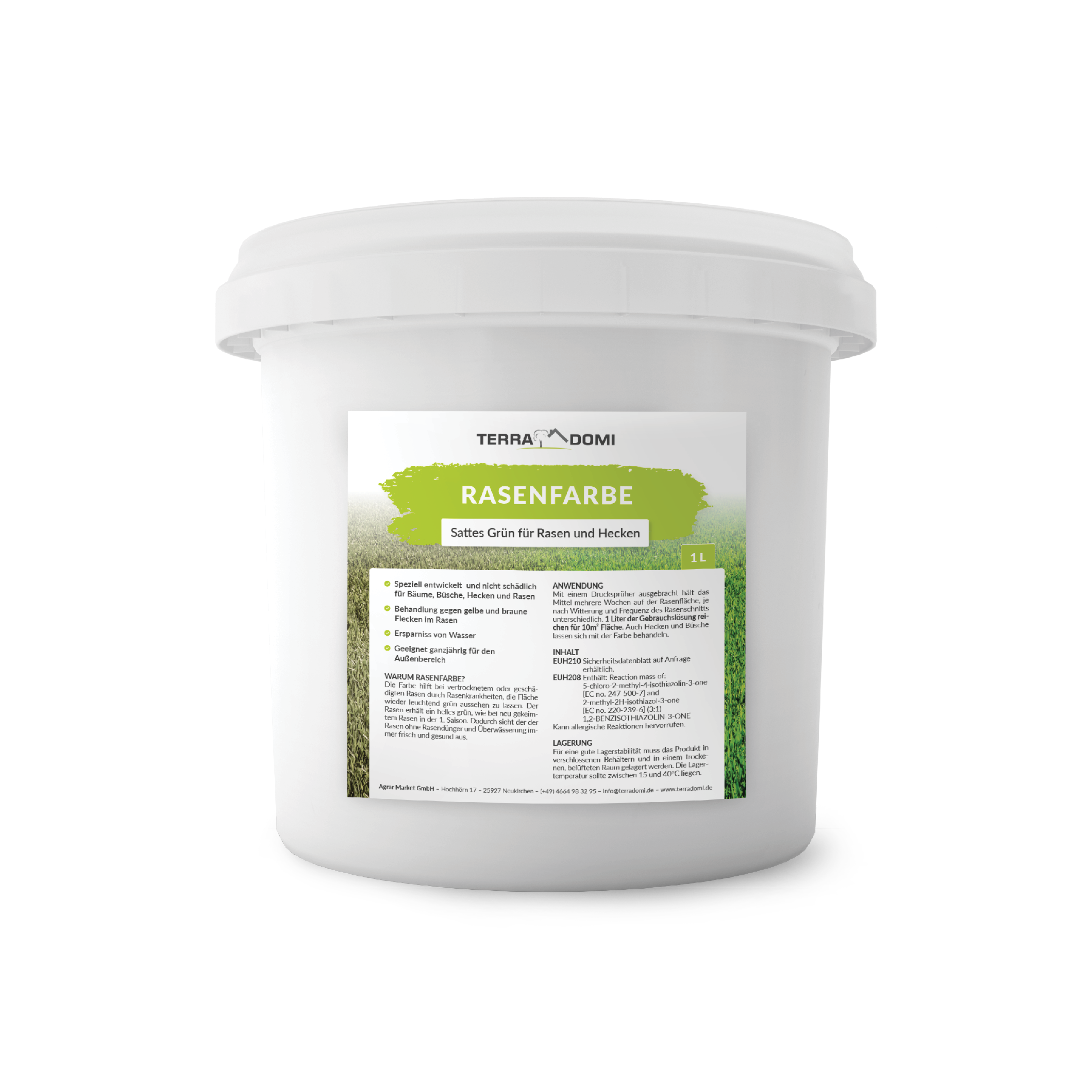 TerraDomi Rasenfarbe | grüne Farbe gegen braune und gelbe Stellen | für Hecken und Rasen