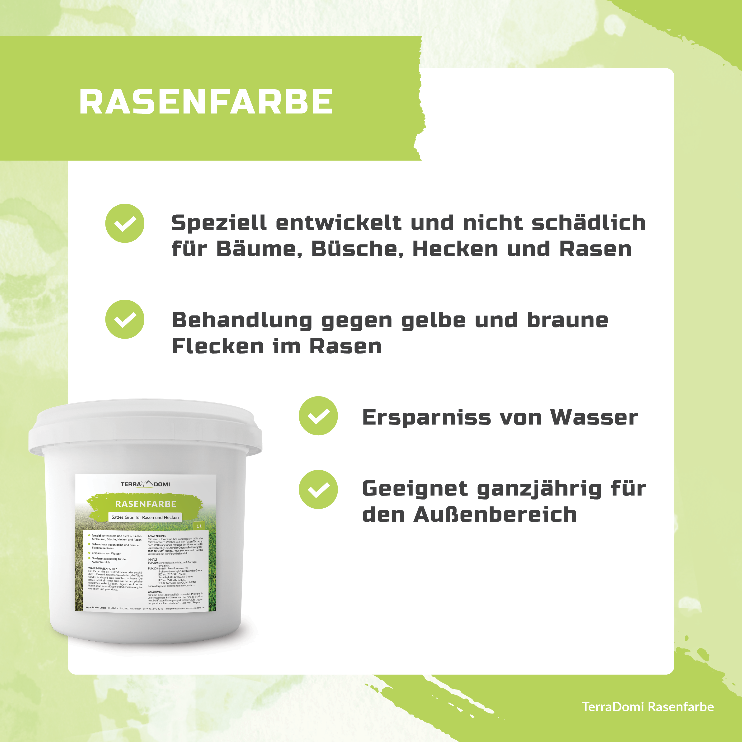 TerraDomi Rasenfarbe | grüne Farbe gegen braune und gelbe Stellen | für Hecken und Rasen
