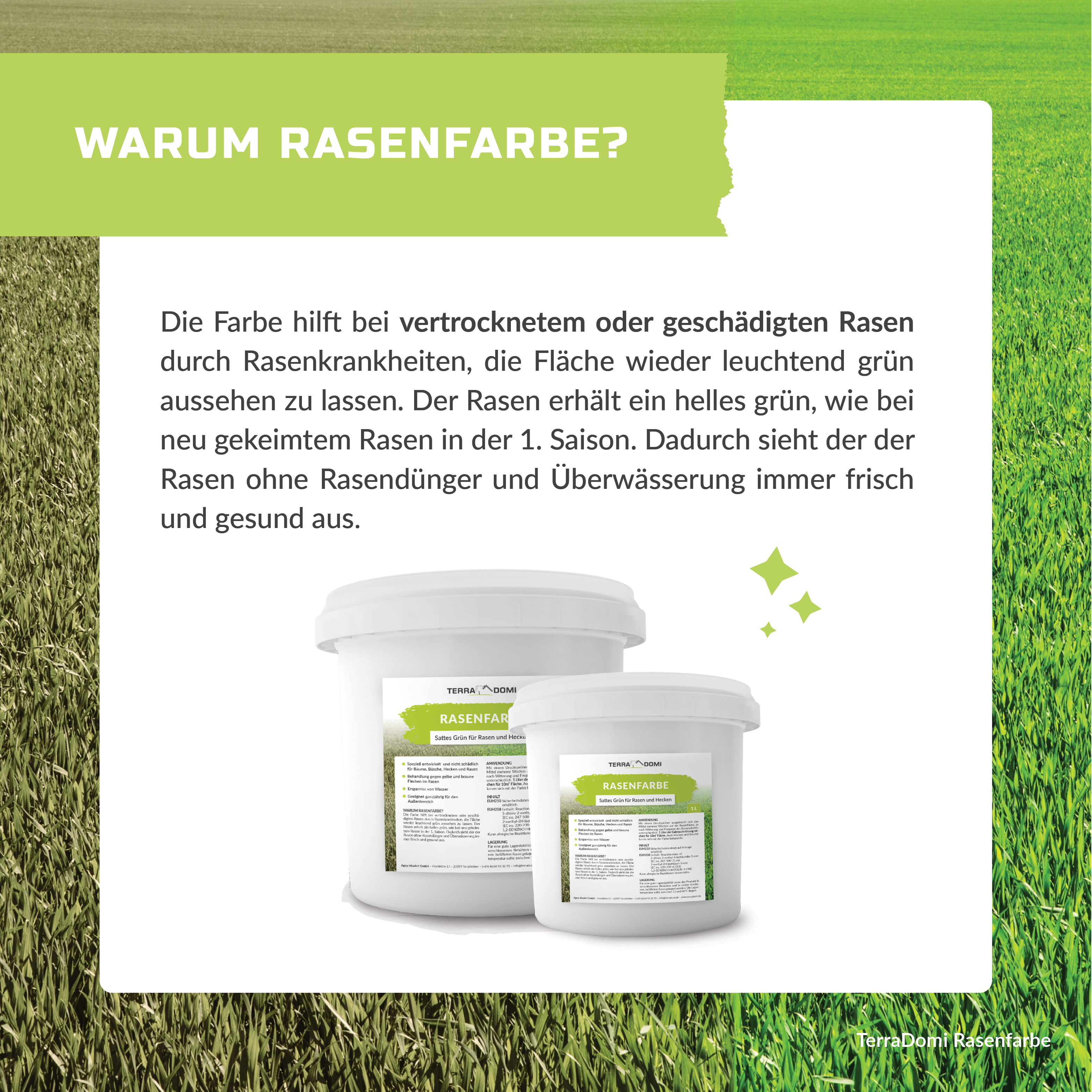 TerraDomi Rasenfarbe | grüne Farbe gegen braune und gelbe Stellen | für Hecken und Rasen