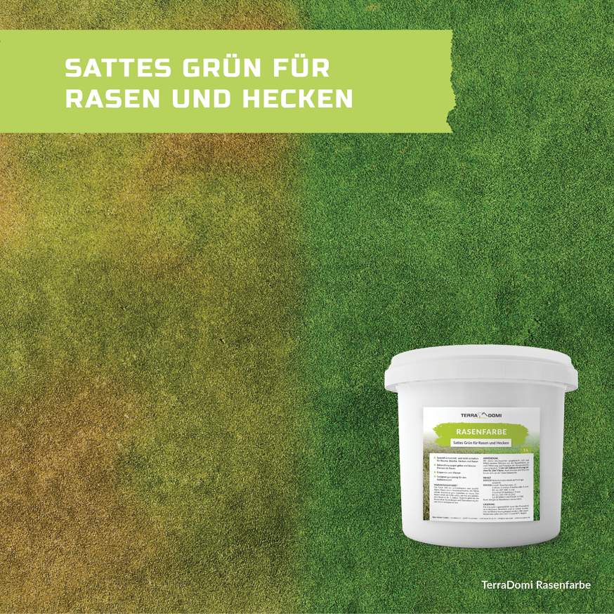 TerraDomi Rasenfarbe | grüne Farbe gegen braune und gelbe Stellen | für Hecken und Rasen