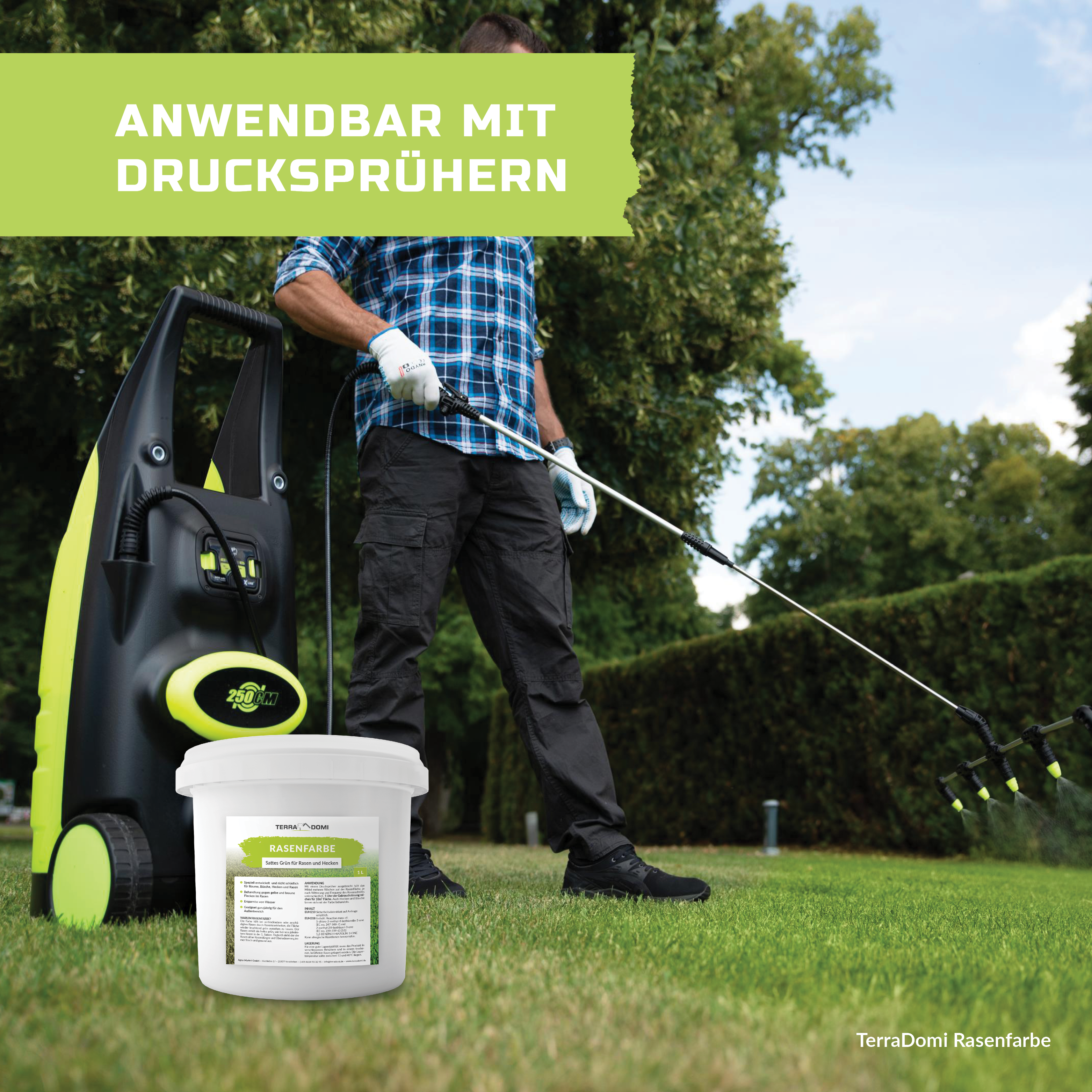 TerraDomi Rasenfarbe | grüne Farbe gegen braune und gelbe Stellen | für Hecken und Rasen