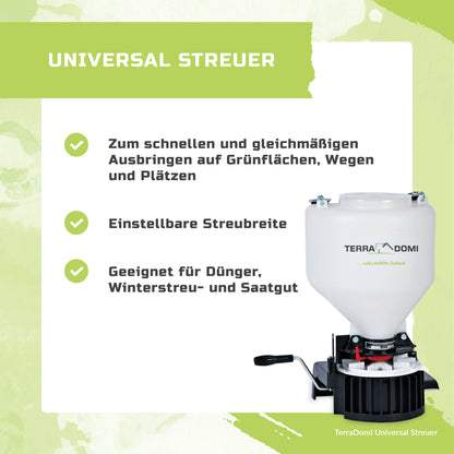 TerraDomi Universal Streuer | Streugerät für Dünger, Saatgut & Streusalz | 9L Behälter