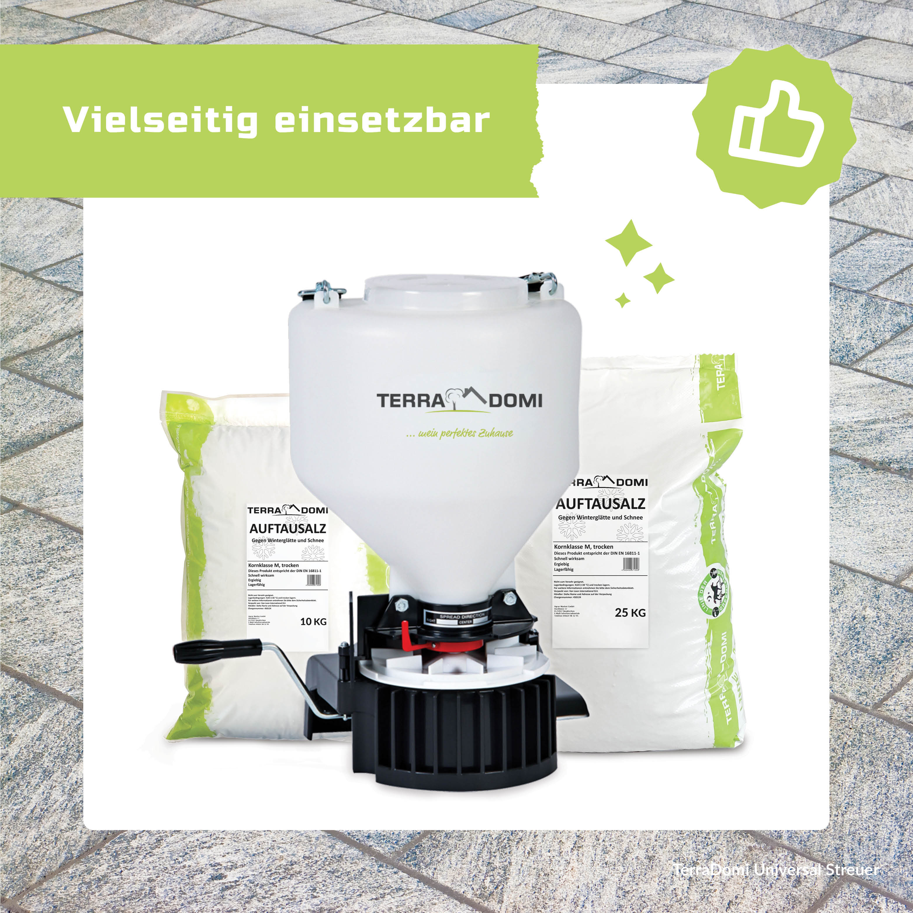 TerraDomi Universal Streuer | Streugerät für Dünger, Saatgut & Streusalz | 9L Behälter