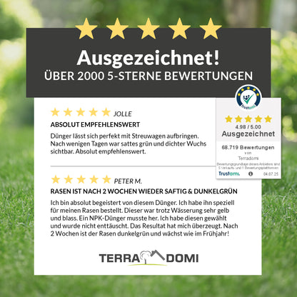 Grafik mit 5 Sternen und dem Text 'Ausgezeichnet! Über 2000 5-Sterne-Bewertungen'. Zwei Kundenrezensionen loben den TerraDomi Eisendünger für einfache Anwendung, schnellen Erfolg und sattgrünen Rasen. Trustami-Bewertung: 4,98 von 5 Sternen bei 68.719 Bewertungen.