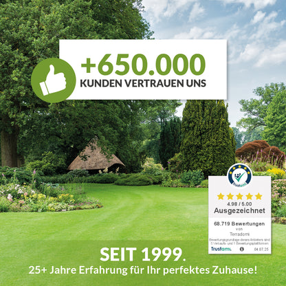 Grüner Garten mit Rasenfläche, Text: +650.000 Kunden vertrauen uns. Seit 1999 – über 25 Jahre Erfahrung. Trustami-Bewertung: 4,98 von 5 Sternen bei 68.719 Bewertungen.