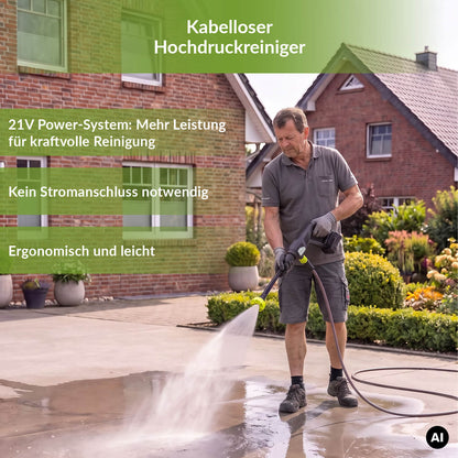 Kabelloser TerraDomi-Hochdruckreiniger mit 21-Volt-Akku bei der Reinigung einer Terrasse.