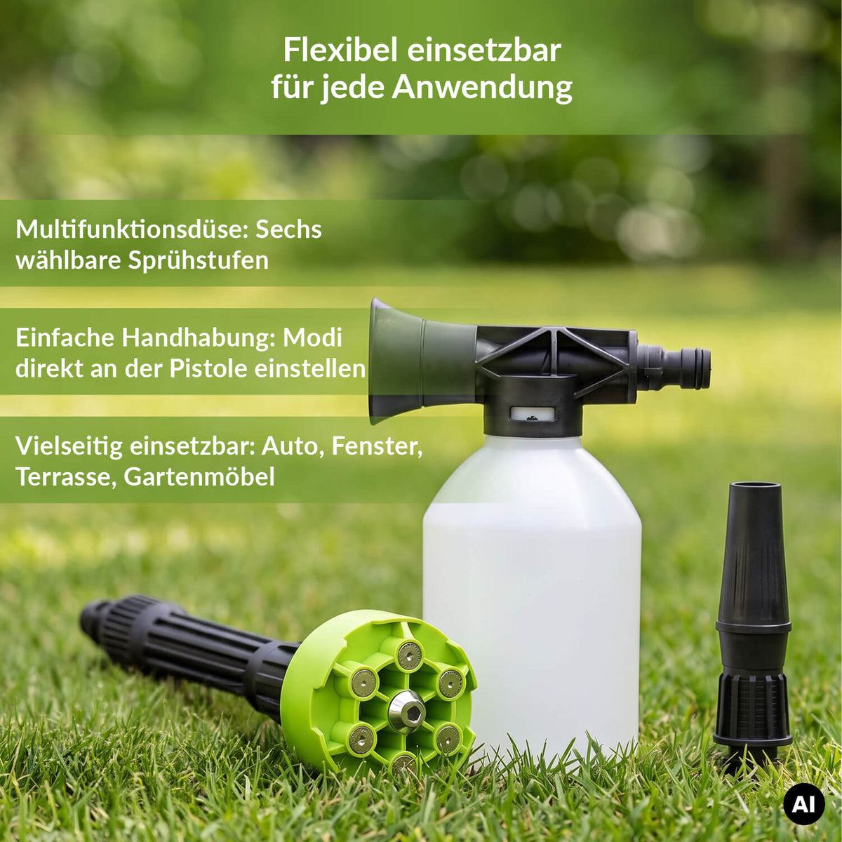 Multifunktionsdüse des TerraDomi-Hochdruckreinigers mit sechs einstellbaren Sprühstufen und abnehmbarem Scha umaufsatz.