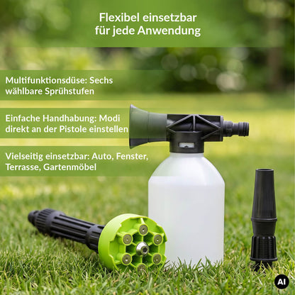 Multifunktionsdüse des TerraDomi-Hochdruckreinigers mit sechs einstellbaren Sprühstufen und abnehmbarem Scha umaufsatz.