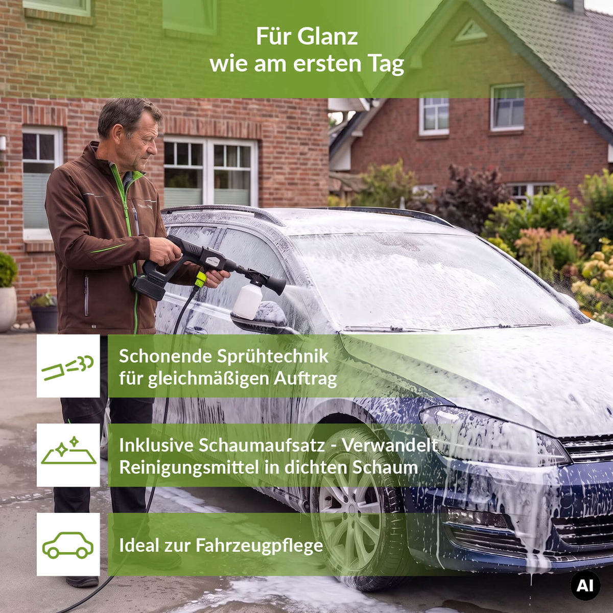 Kabelloser TerraDomi-Hochdruckreiniger mit Scha umaufsatz bei der Reinigung eines Autos.