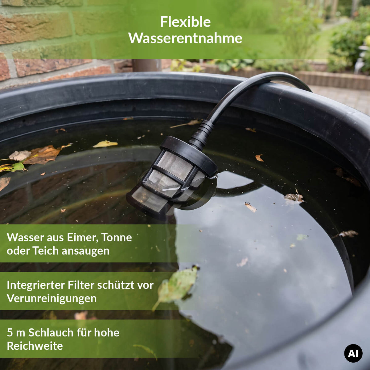 Ansaugfilter des TerraDomi-Hochdruckreinigers in einem Wasserbehälter zur Wasserentnahme aus Eimer, Tonne oder Teich.