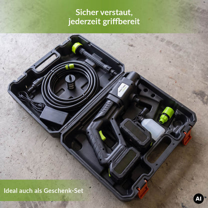 TerraDomi-Akku-Hochdruckreiniger mit Schlauch, Düsen, Scha umbehälter, Akkus und Ladegerät im geöffneten Transportkoffer.
