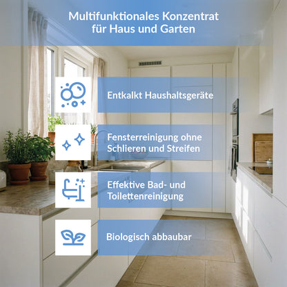 Anwendungsübersicht der TerraDomi Essigsäure zur Entkalkung von Haushaltsgeräten sowie zur Reinigung von Fenstern, Bad und Toilette.