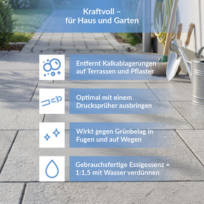 Anwendungshinweise für TerraDomi Essigsäure auf Terrassen, Pflasterflächen, Fugen und Wegen sowie zur Verdünnung mit Wasser.