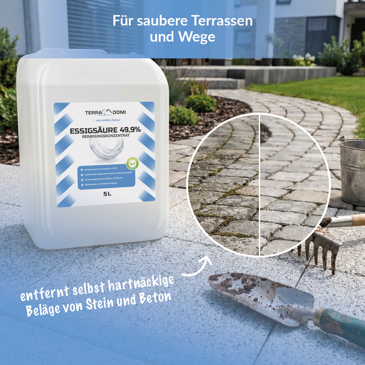 TerraDomi Essigsäure 49,9 % neben einem Vorher-Nachher-Vergleich einer gereinigten Pflasterfläche.