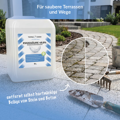 TerraDomi Essigsäure 49,9 % neben einem Vorher-Nachher-Vergleich einer gereinigten Pflasterfläche.