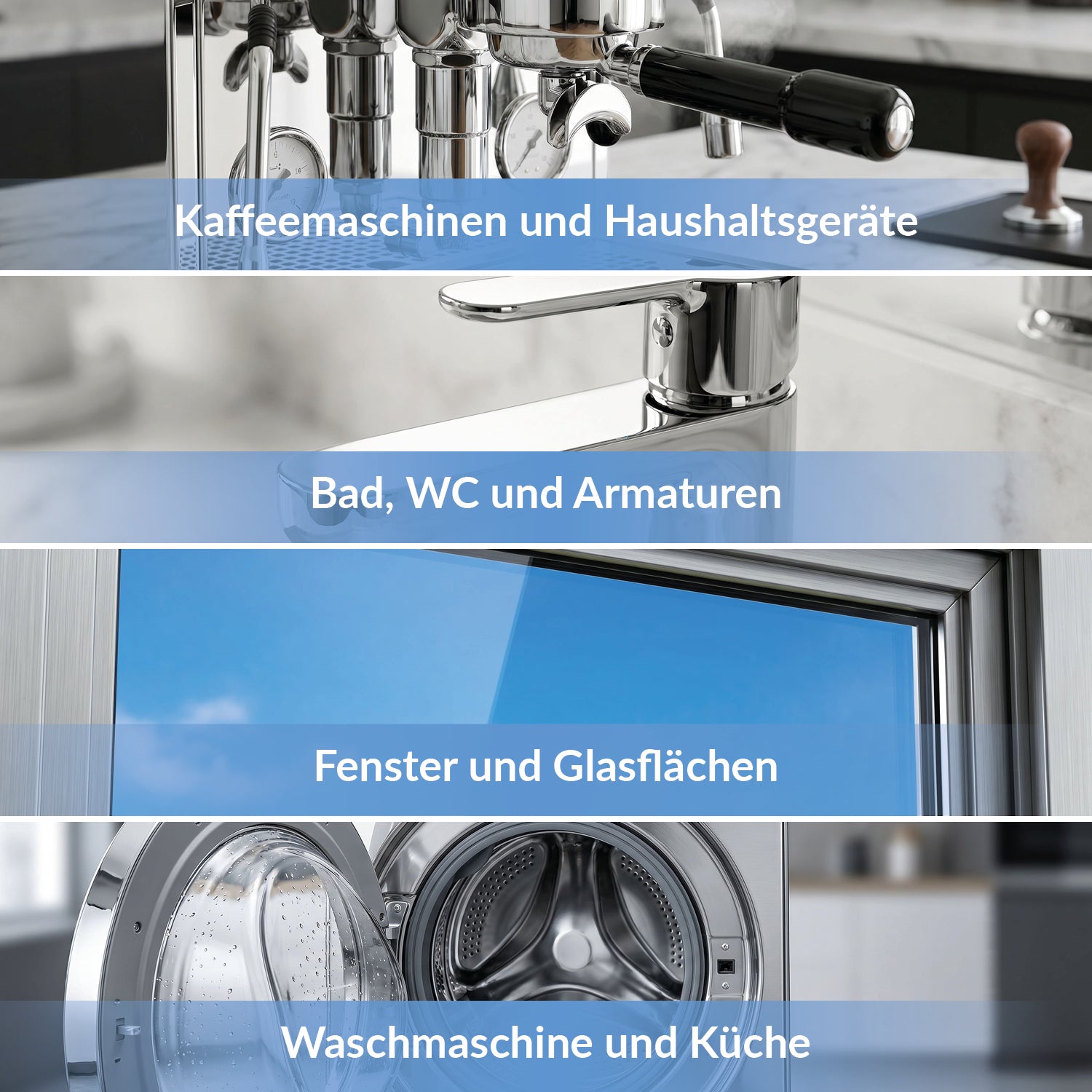Anwendungsbereiche der TerraDomi Essigsäure für Kaffeemaschinen, Haushaltsgeräte, Armaturen, Bad, Fenster, Glasflächen, Waschmaschine und Küche.