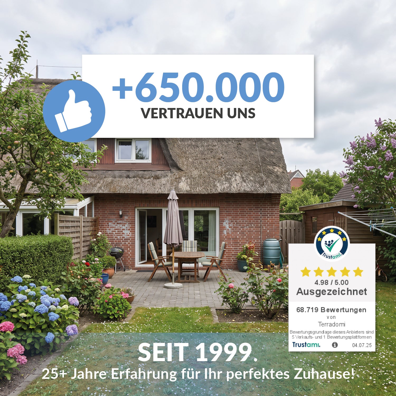 Terrassengarten mit Hinweis auf über 650.000 Kundinnen und Kunden, mehr als 25 Jahre Erfahrung und eine Bewertung von 4,98 von 5 Sternen.