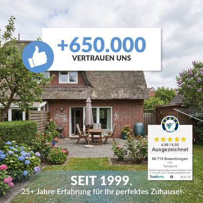 Terrassengarten mit Hinweis auf über 650.000 Kundinnen und Kunden, mehr als 25 Jahre Erfahrung und eine Bewertung von 4,98 von 5 Sternen.