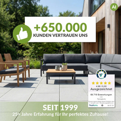 TerraDomi Neemöl vor einer modernen Terrasse mit Hinweis auf mehr als 650.000 Kunden und Trustami-Auszeichnung
