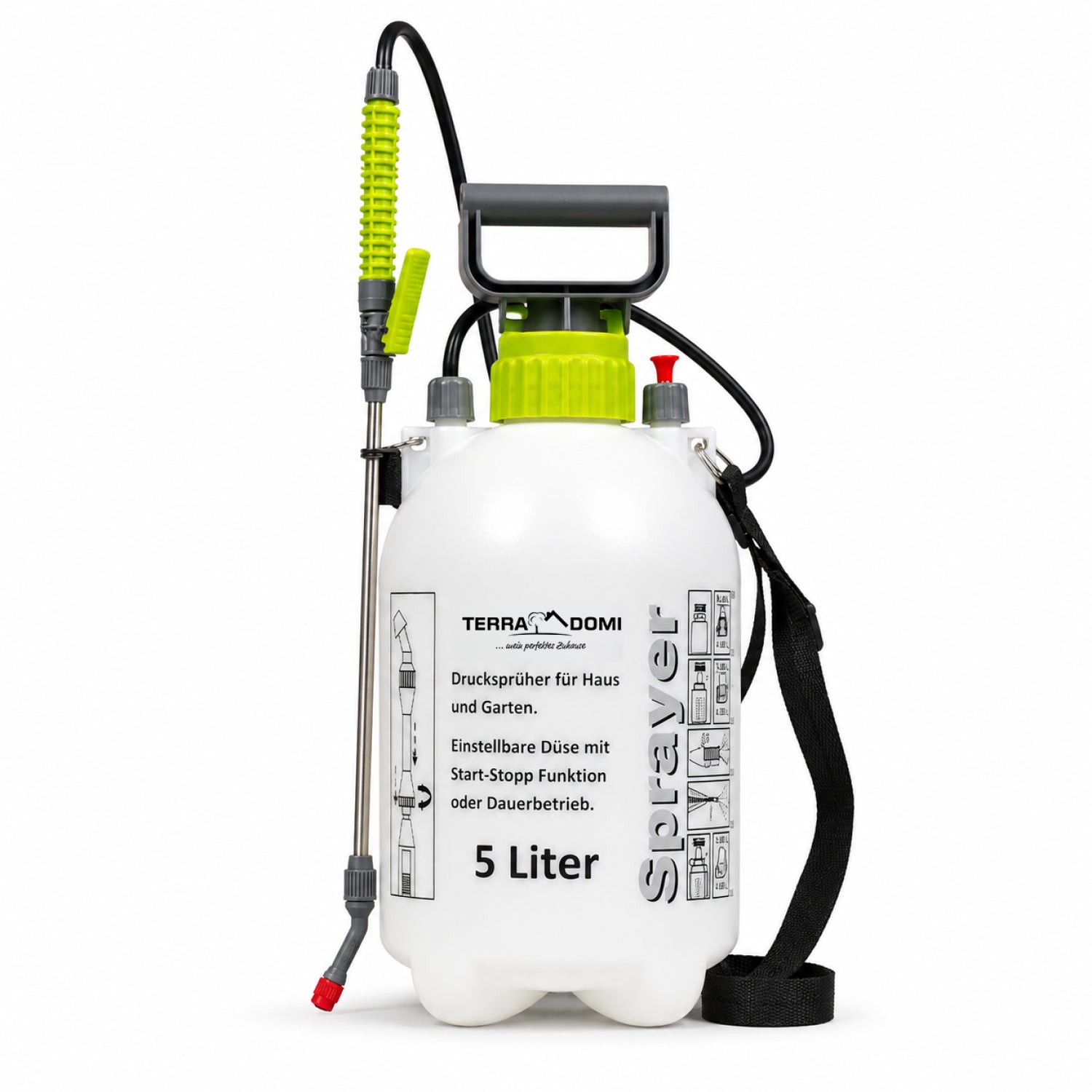 TerraDomi Drucksprüher 5 Liter für Haus und Garten mit verstellbarer Düse und Tragegurt.