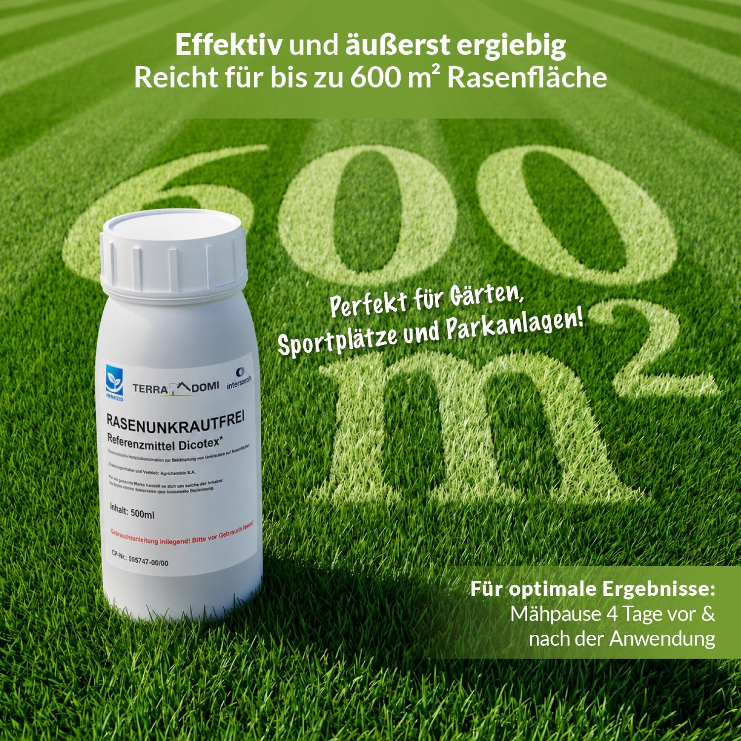 TerraDomi Dicotex Konzentrat mit einer Reichweite von bis zu 600 Quadratmetern Rasenfläche.