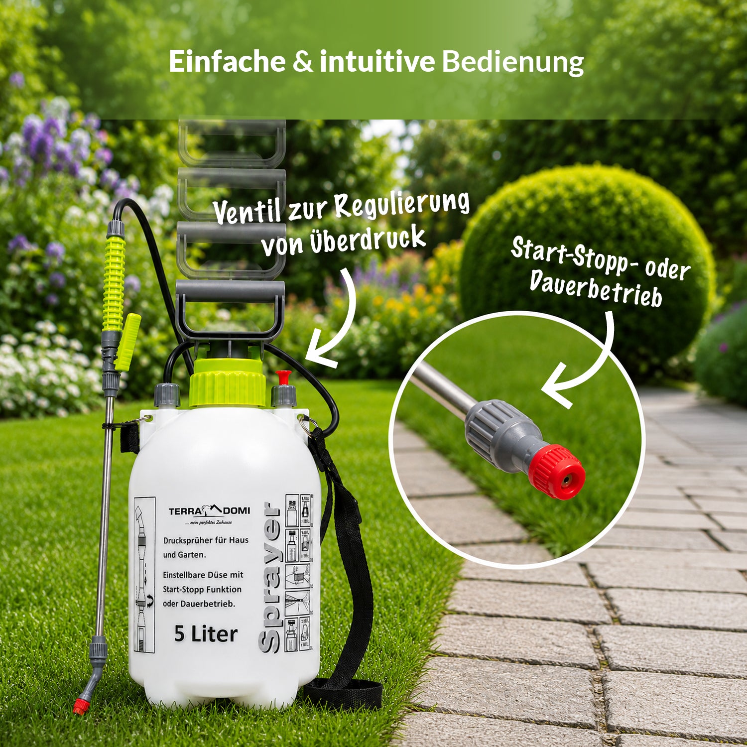 TerraDomi Drucksprüher mit Überdruckventil, Start-Stopp-Funktion und Dauerbetrieb für komfortables Arbeiten.