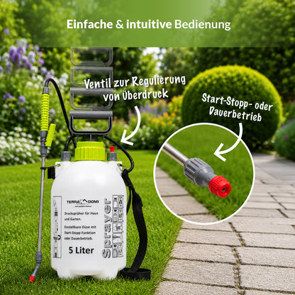 TerraDomi Drucksprüher mit Überdruckventil, Start-Stopp-Funktion und Dauerbetrieb für komfortables Arbeiten.