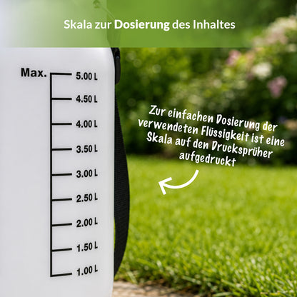 Gut sichtbare Füllstandsanzeige und Dosierskala am TerraDomi 5-Liter-Drucksprüher.